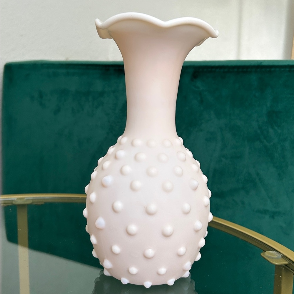 Fenton Milk Glass Satin Pink Hobnail Ruffled vase